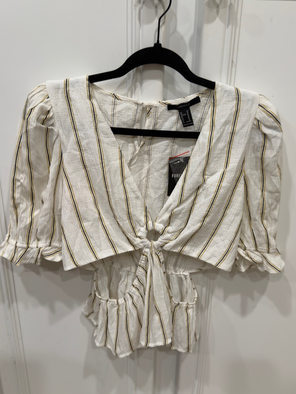 Forever 21 Cream Striped Tie-Front Peplum Blouse